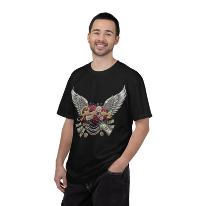 God got me2 Winged Rose Money Band T-Shirt — Floral Skull & Cash Graphic Tee