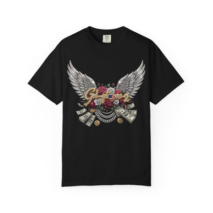 God got me2 Winged Rose Money Band T-Shirt — Floral Skull & Cash Graphic Tee